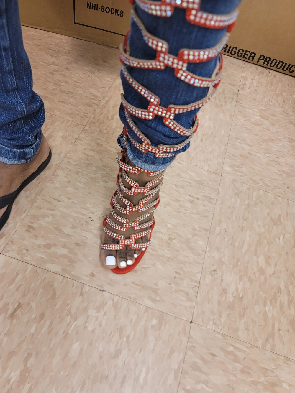 Red Gladiator Knee-High Strappy Sandals with Crystal Accents - Picture 3 of 9